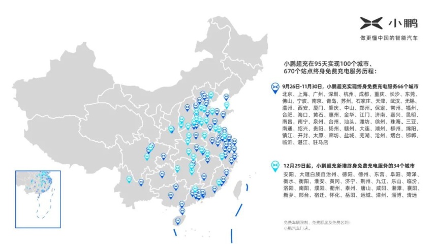 小鹏超充在全国实现终身免费充电服务城市分布图
