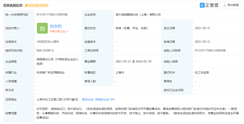 恒大新能源成立新公司 注册资本1亿元