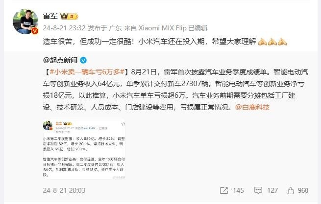 小米汽车“史上最出色季报”？单车亏损超6万！