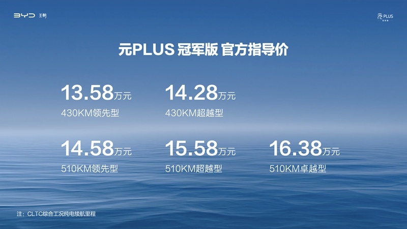 “全球车”四大焕新 元PLUS冠军版售价13.58万元起