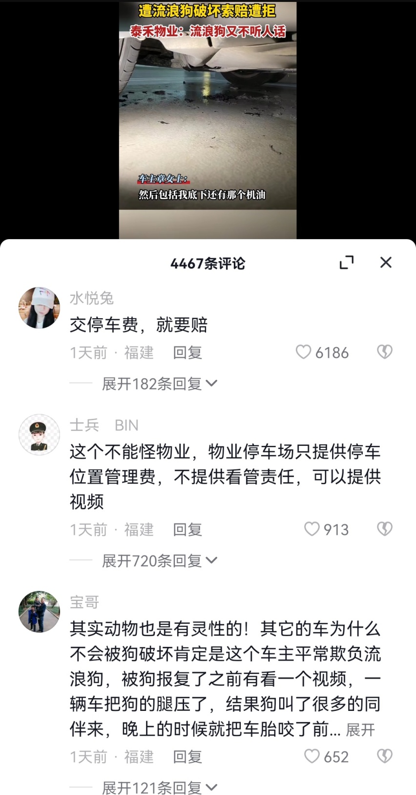 福州一豪车在停车场被狗抓花，是狗主人赔还是物业赔？