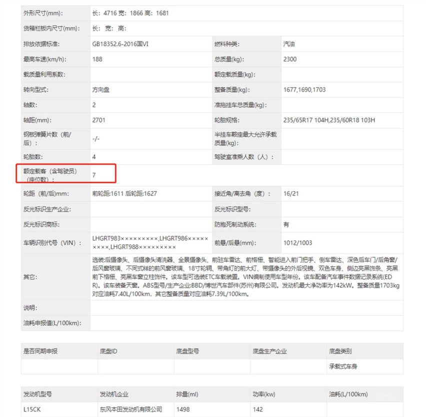 全新本田皓影正式申报，车身加长，提供7座车型，外观风格更激进