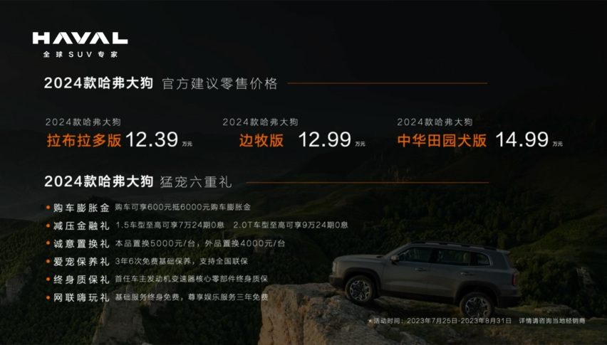 售价12.39-14.99万元，2024款哈弗大狗正式上市
