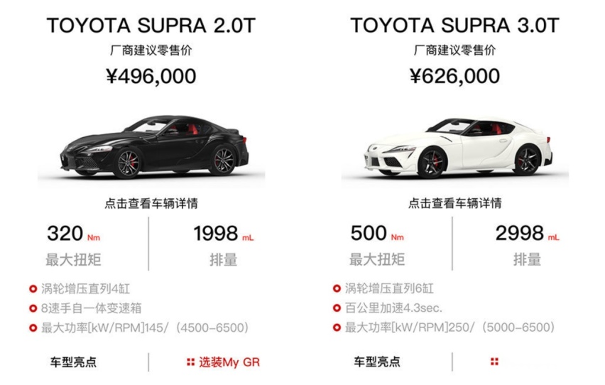 49.6-62.6万 中规全新丰田Supra公布售价