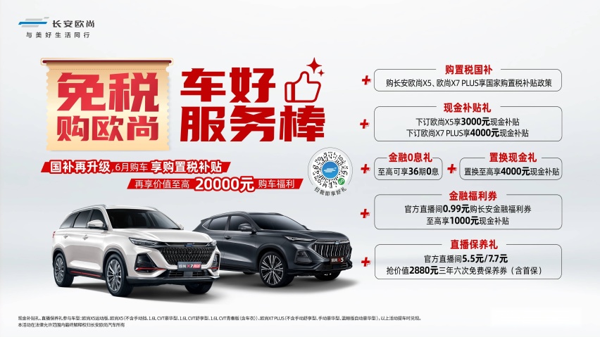 国补再升级，6月购欧尚汽车享购置税补贴，再享至高20000元福利