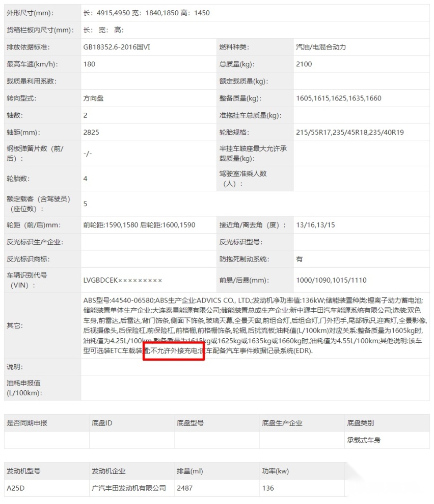 丰田凯美瑞2.5L混动版完成申报：依旧不支持外接充电