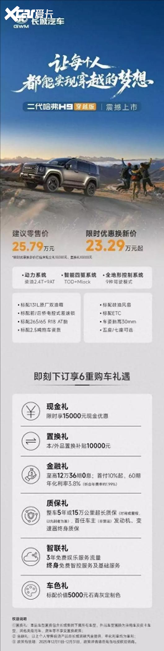 原厂双油箱1400km续航三把锁+9种地形模式二代哈弗H9穿越版越野解