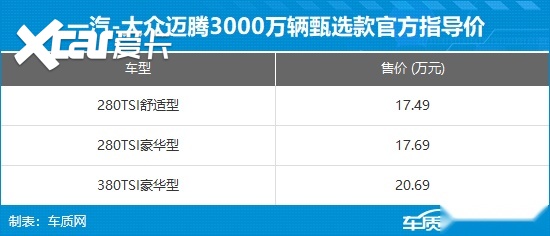 一汽-大众迈腾臻选款上市 售价17.49万元起
