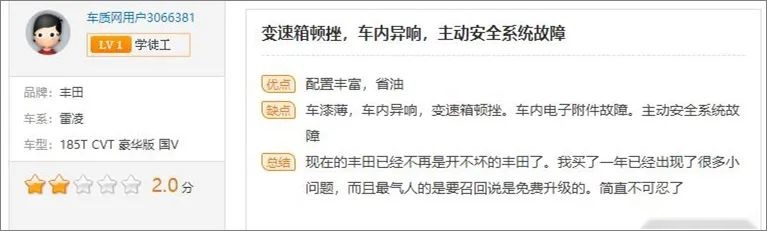 雷凌投诉榜第四，主力车型强制召回，广丰品控遭质疑！
