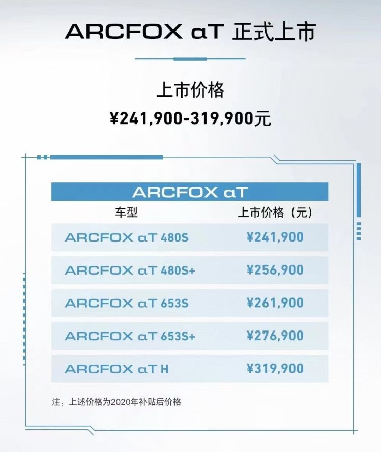 ARCFOX αT上市 零百加速4.6秒补贴后24.19万起