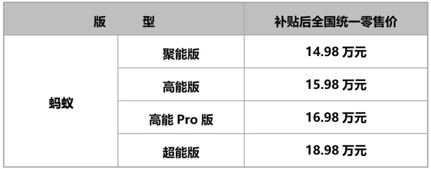 补贴后14.98万元起，奇瑞新能源蚂蚁何止于“大”