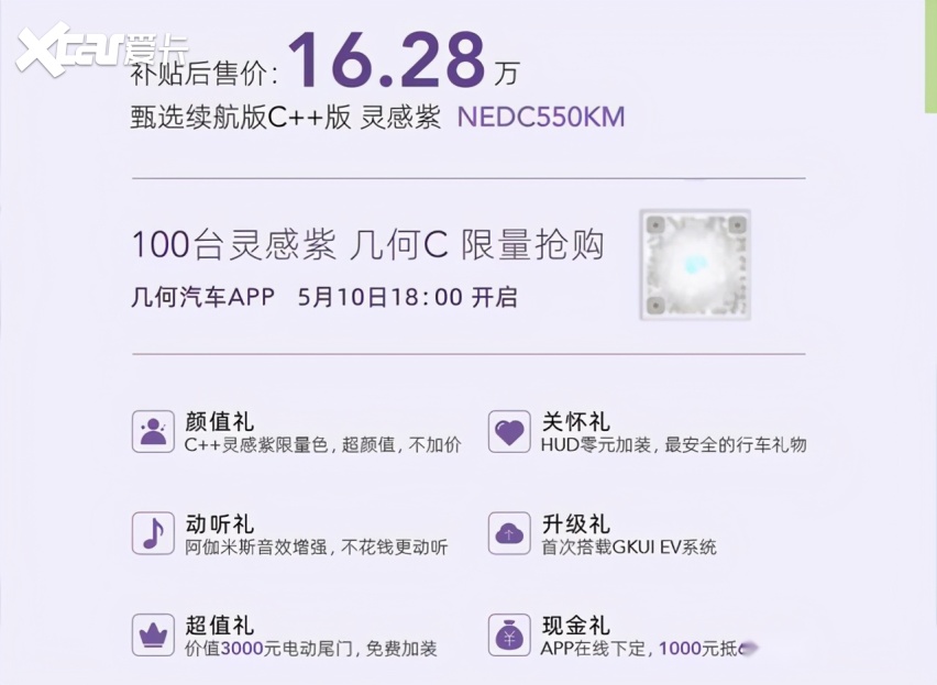 补贴后售价16.28万 几何C甄选续航版C++版 灵感紫上市