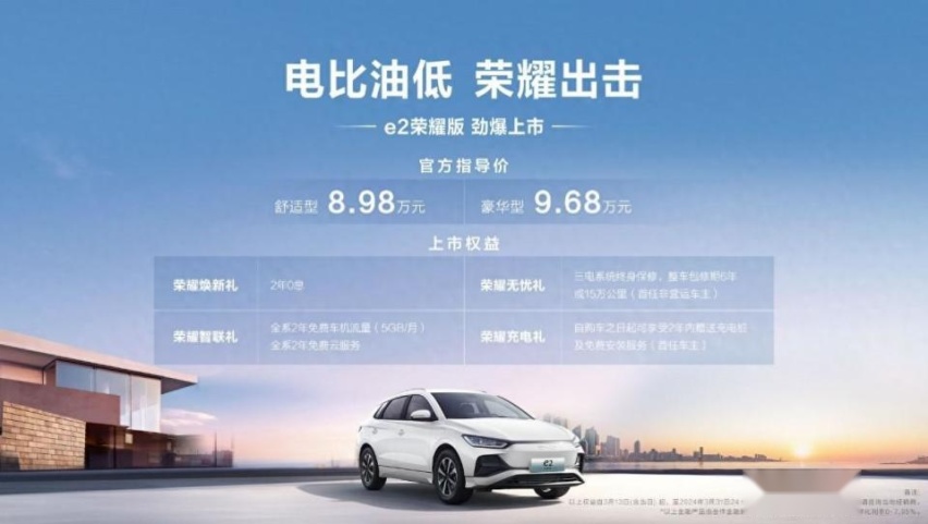 比亚迪e2荣耀版上市 不到9万 纯电续航405km
