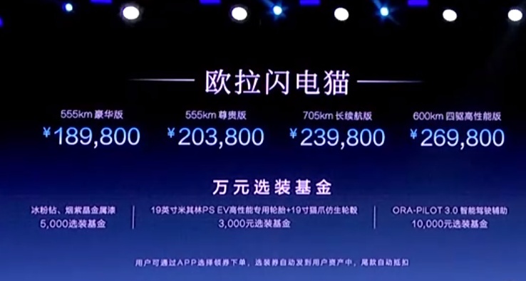 提供三种动力版本 售18.98万-26.98万元 欧拉闪电猫上市