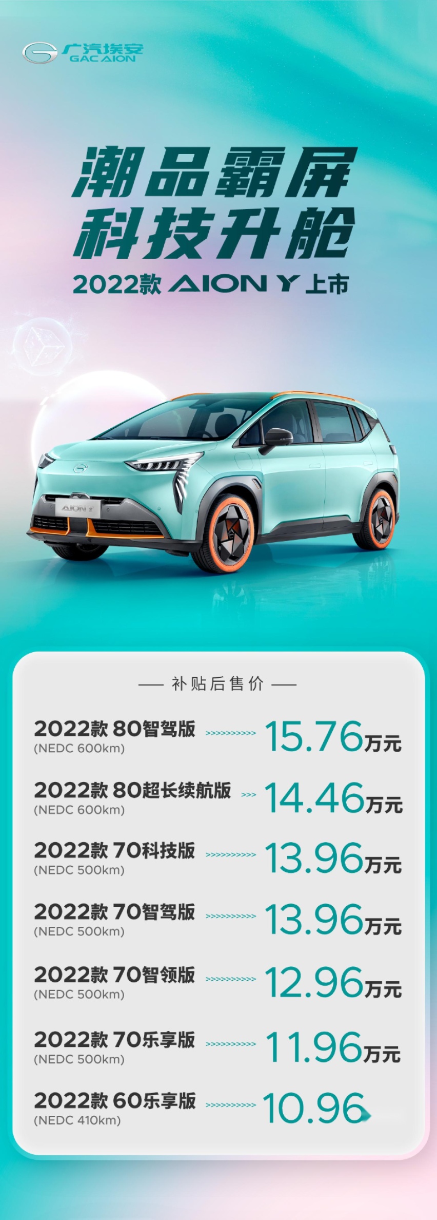 2022款AION Y抢滩登陆，颜值智能双升级售10.96万元起