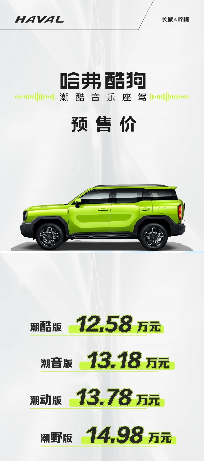 哈弗酷狗预售12.58万起，配18个JVC音响，硬朗造型
