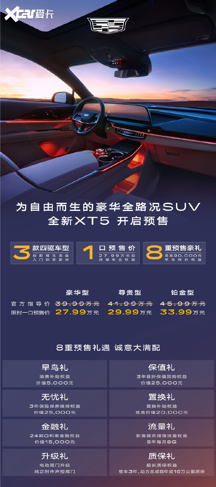 全新XT5公布预售一口价27.99万起，凯迪拉克真的变了