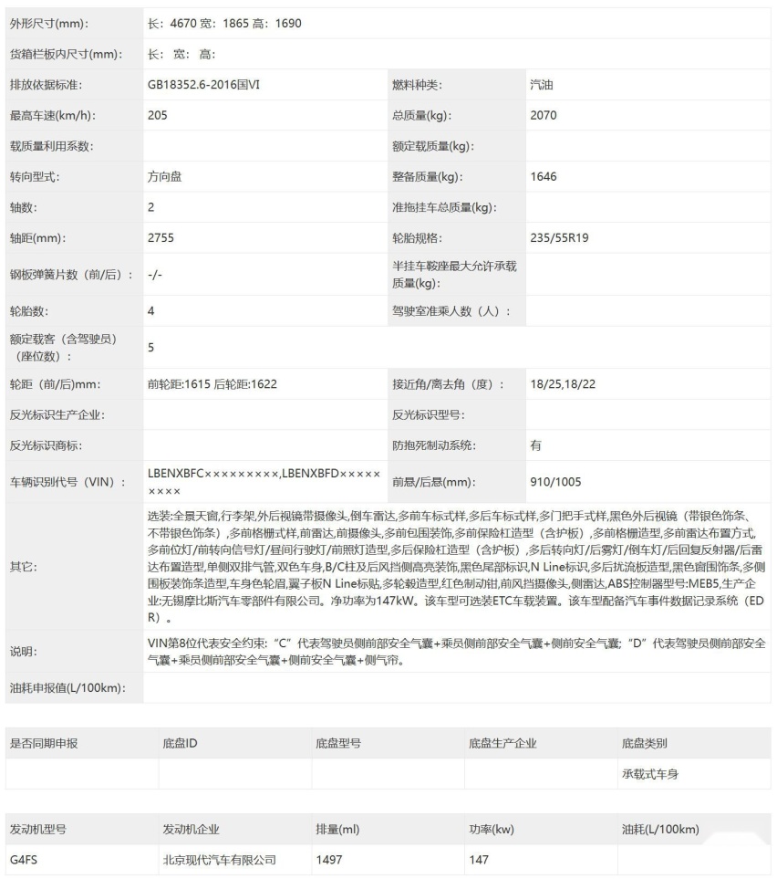 沿用海外版造型 新款北京现代途胜L申报 两种动力可选