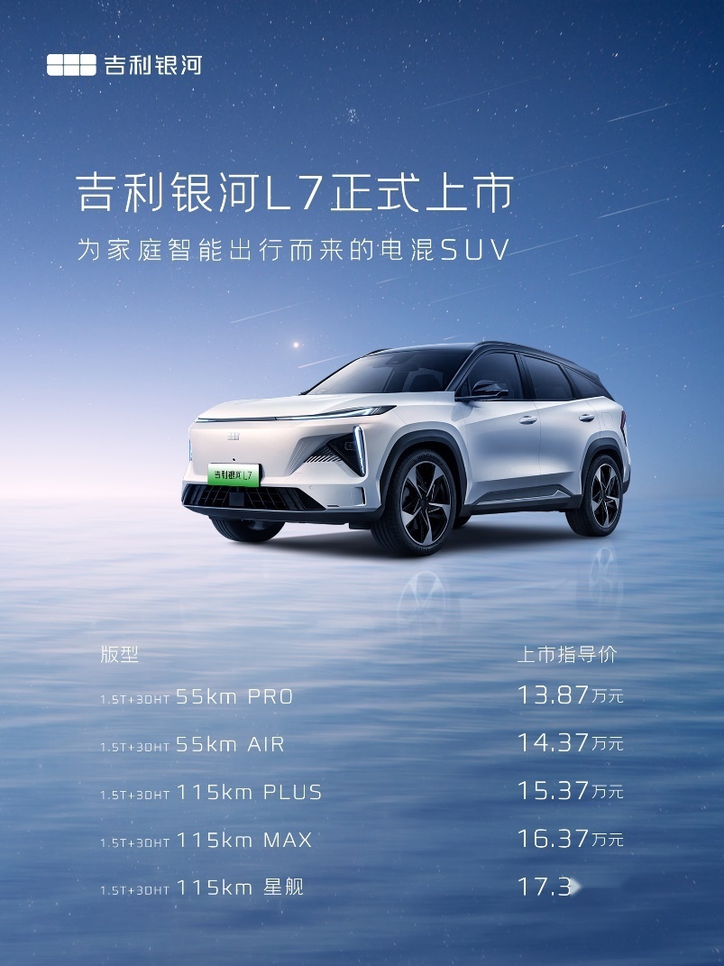 吉利银河L7最低仅售13.87万 油耗更低、性能更强、品质更高
