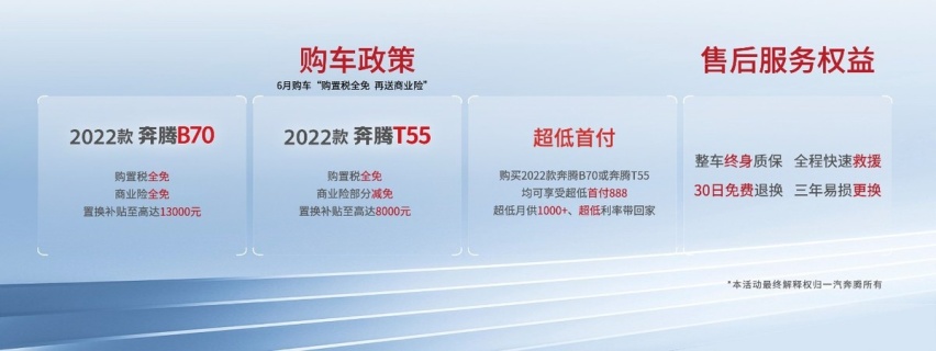 一汽奔腾2022款B70及T55诚意上市，购置税全免 再送商业险
