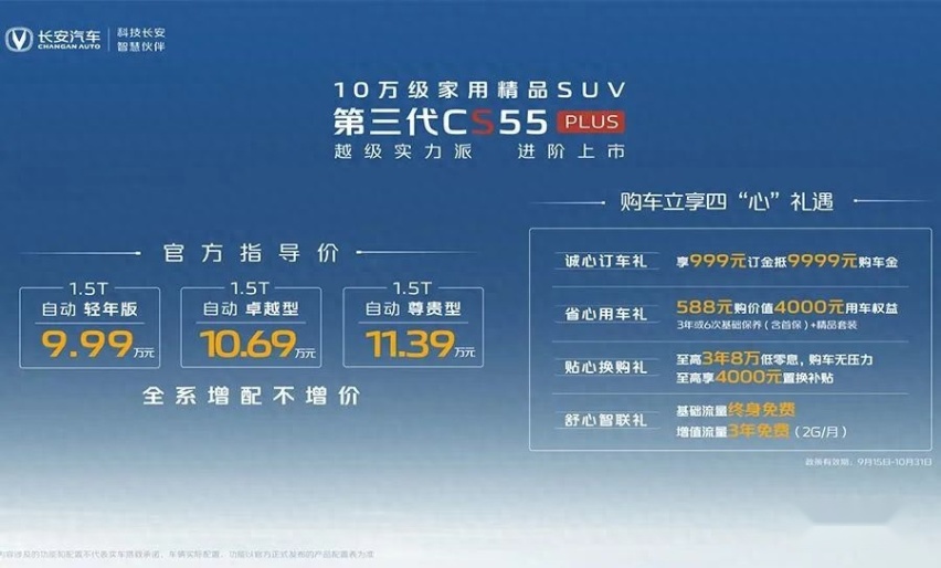 【e汽车】长安第三代CS55 PLUS上市，售9.99万-11.39万