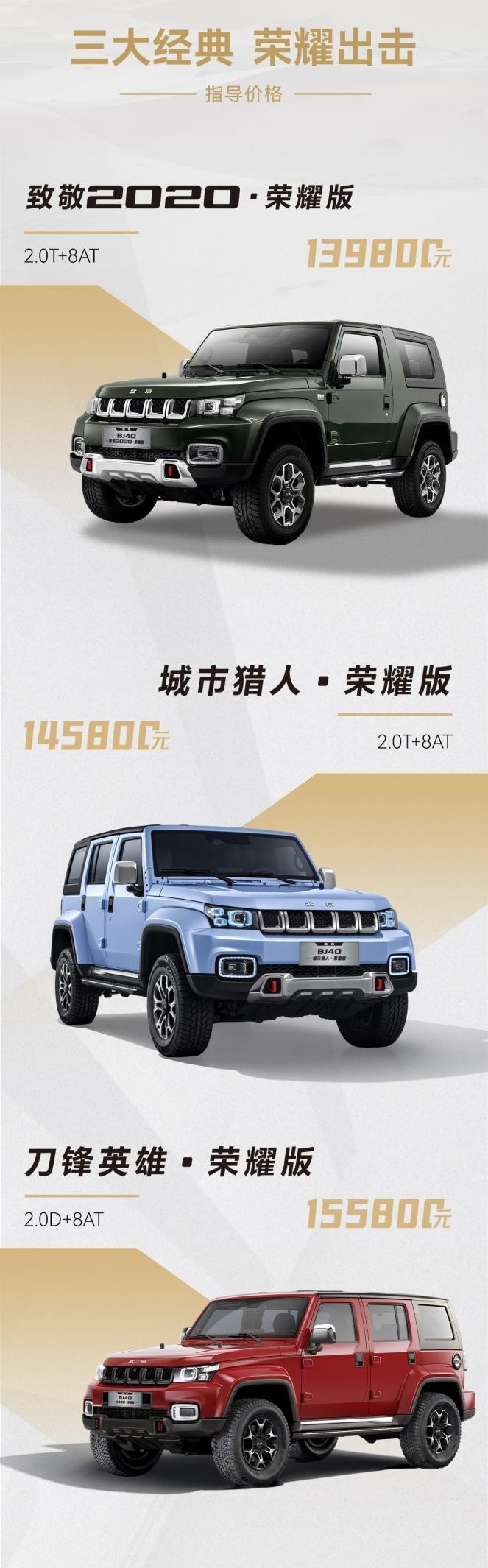 售价13.98万元起，北京BJ40荣耀版正式上市，提供两种动力可选
