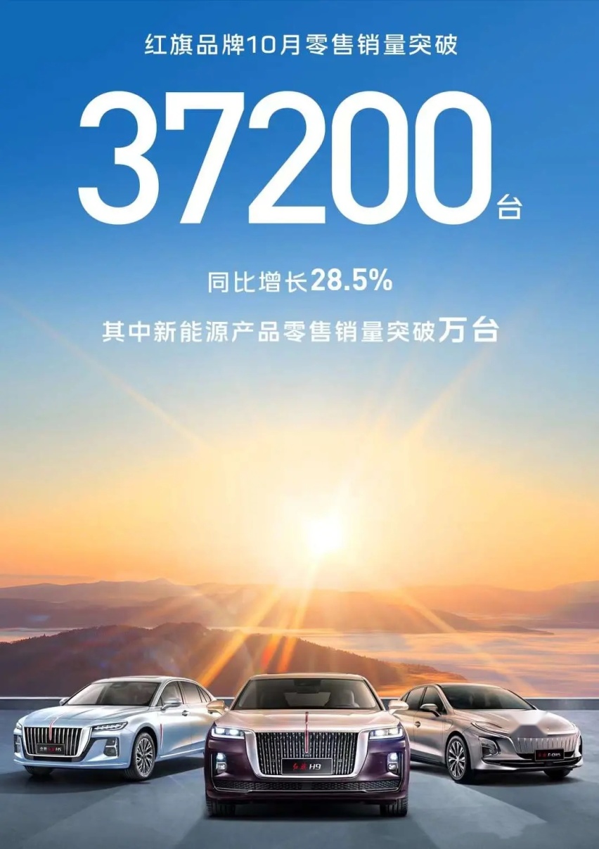 红旗品牌率先公布10月份销量 37200台同比增长28.5%