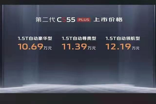 第二代CS55 PLUS上市，售价10.69-12.19万，将于与老款