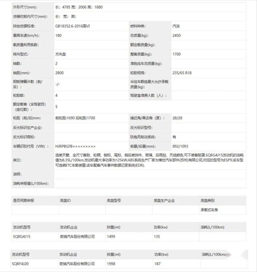 奇瑞捷途旅行者正式申报 无大梁+四驱 最大2.0T动力