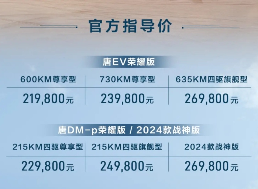 唐EV荣耀版、唐DM-p荣耀版/2024款战神版正式上市