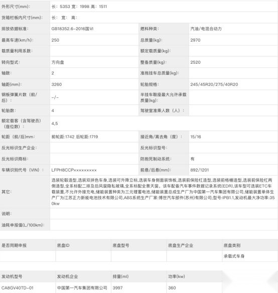 ​红旗全新大型轿车L1申报信息曝光 4.0T混动挺有排面啊