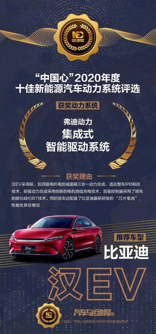 跳动“中国心”，汉EV获“年度十佳新能源汽车动力系统奖项”