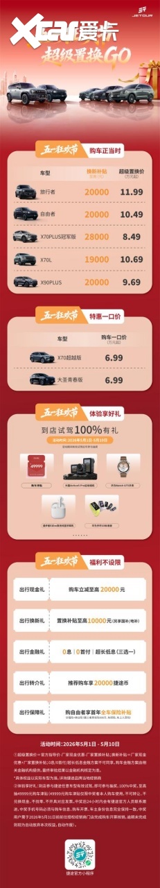 五一购车选捷途！狂欢节特惠6.99万起，置换至高补3万