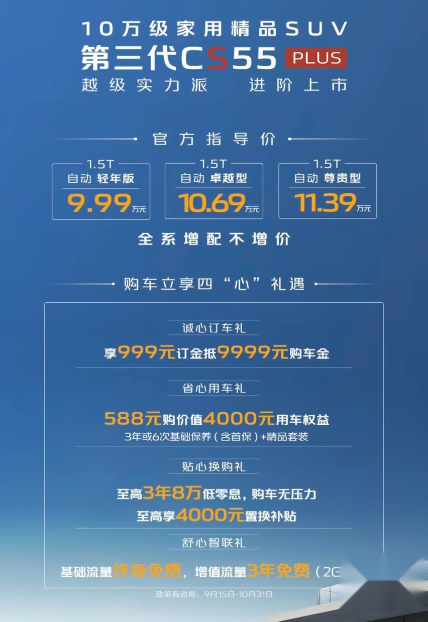 9.99万起售，长安第三代CS55PLUS正式上市，外观变化明显