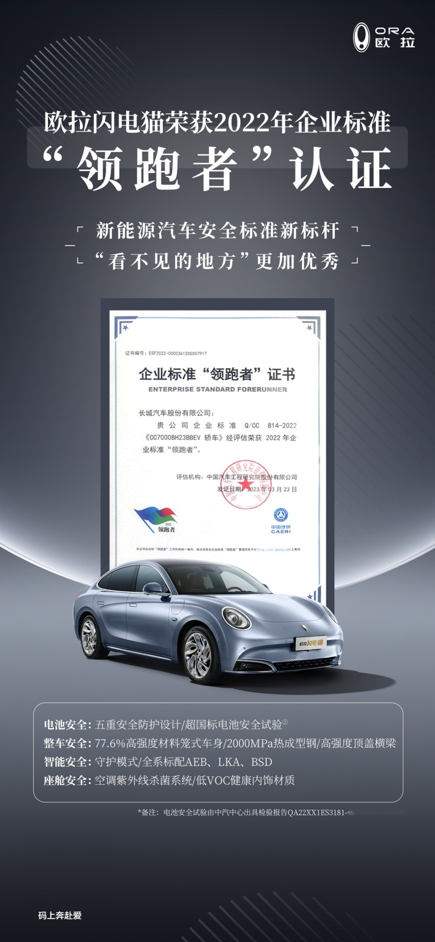 实力引领，欧拉闪电猫获2022年度汽车行业企业标准“领跑者”证书