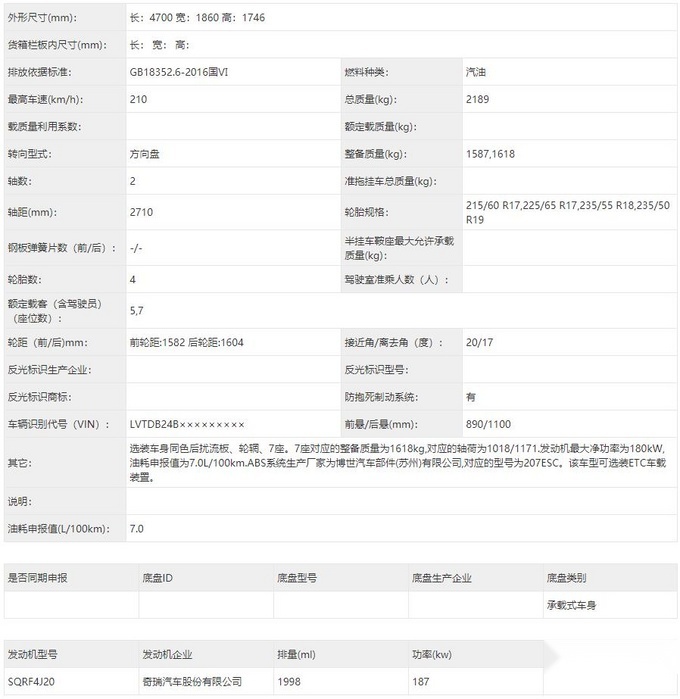 2.0T瑞虎8PLUS现身目录，油耗7.0L，还让星途活吗