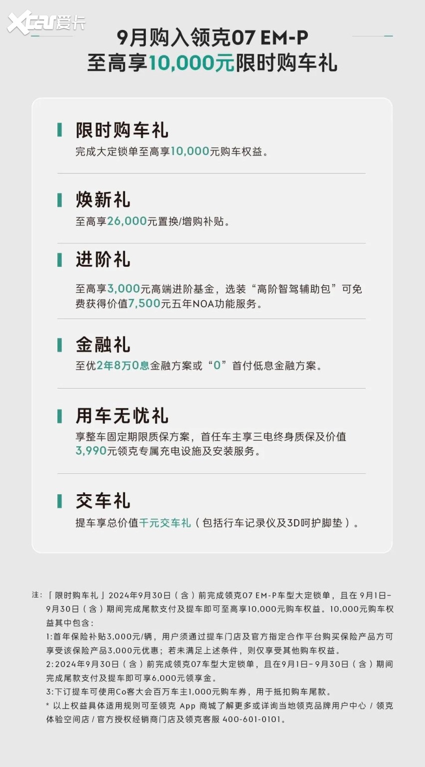 领克07 EM-P购车权益，限时优惠价15.98万起，截止到9月30日