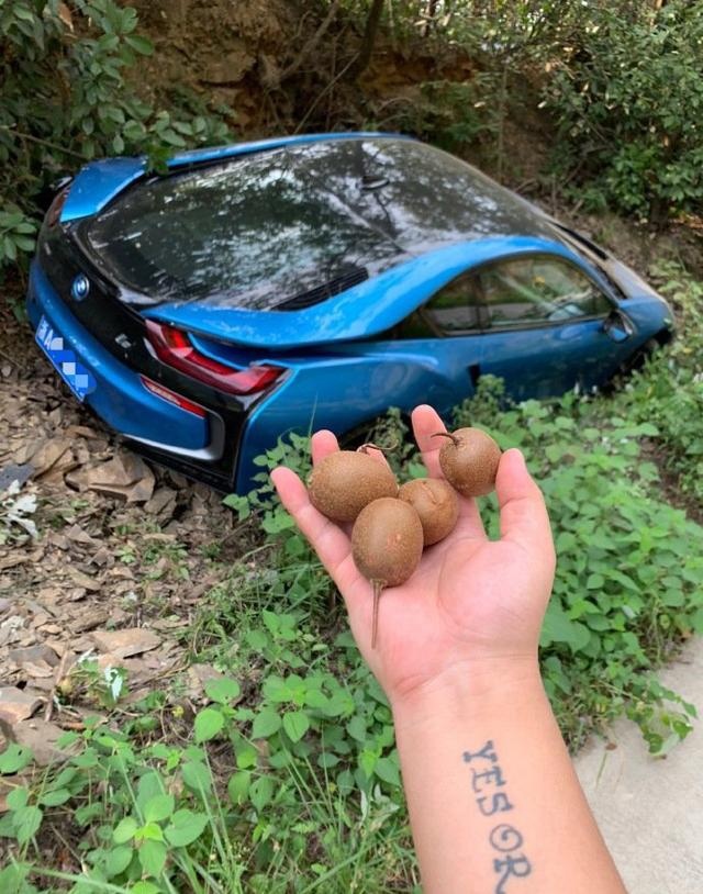 200万的宝马i8开进山沟里摘猕猴桃,网友:故意开下去垫脚的