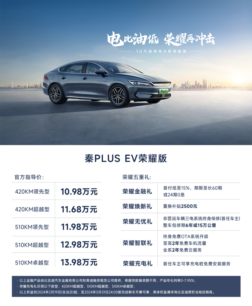 开年第一枪！秦PLUS荣耀版7.98万元起，拉开“电比油低”大幕