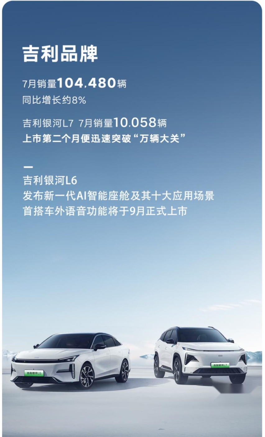 新能源车卖了4.1万辆？吉利汽车7月销量13.8万辆
