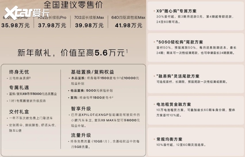 电翻三排/后轮转向/家电三件套，小鹏X9售35.98万元起