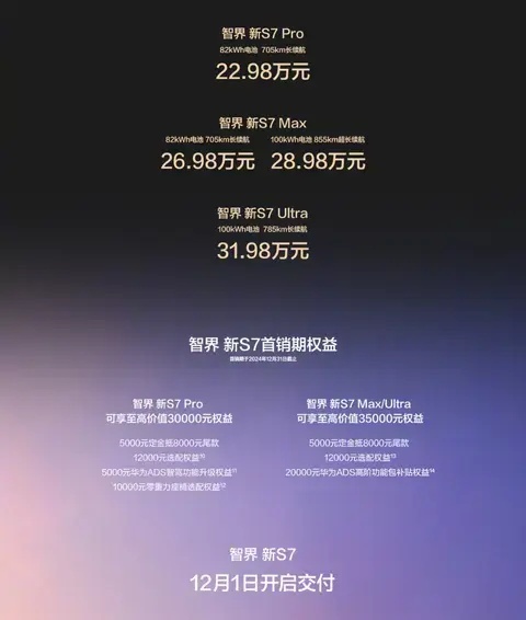 起售价下调2万元，25款智界S7上市，增加记忆泊车/三区空调