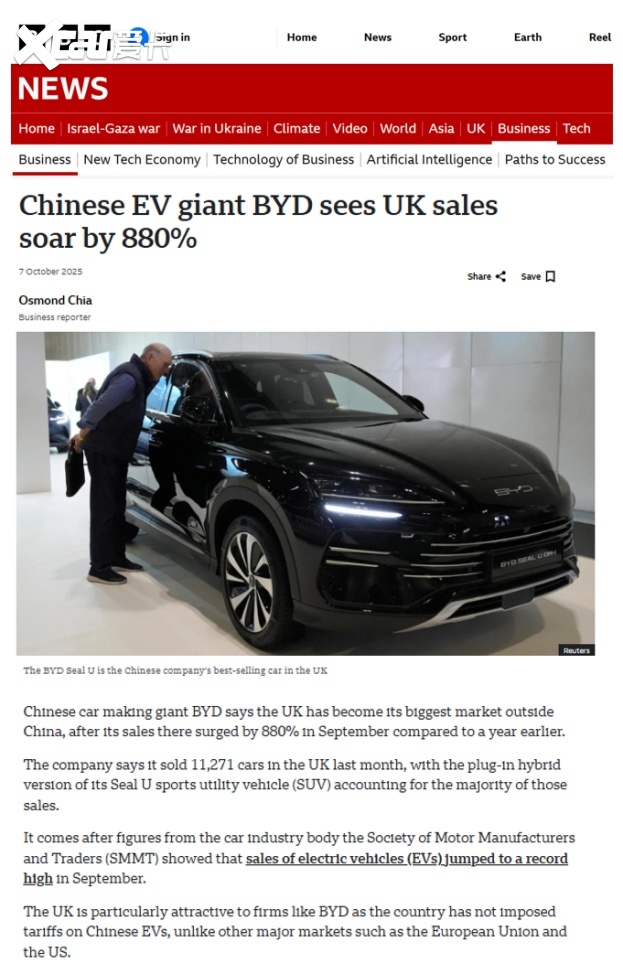 比亚迪海外销量再突破：单一市场月销破万！在英国完成“逆袭”