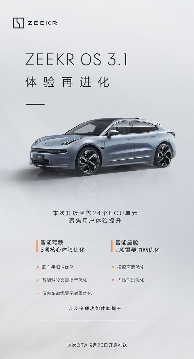 极氪001开启推送OTA OS 3.1升级