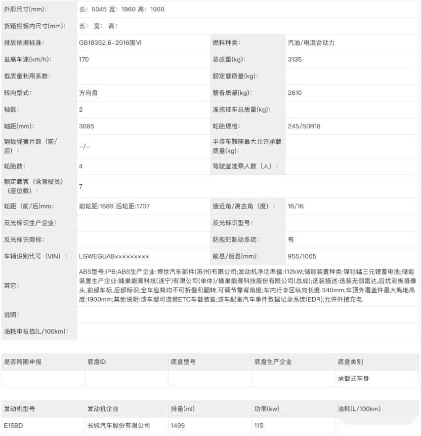 “魏牌首款MPV”申报图曝光，轴距3085mm