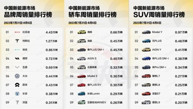 8月第一周新能源车销量榜出炉，销量好的品牌和车型都在这