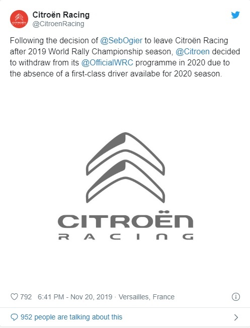 因欧吉耶跳槽，雪铁龙退出2020赛季WRC