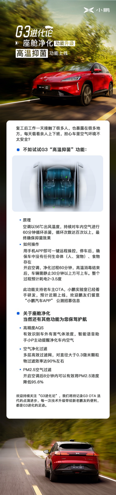 小鹏G3智能进化“高温抑菌”功能，为车主构筑安全出行座舱