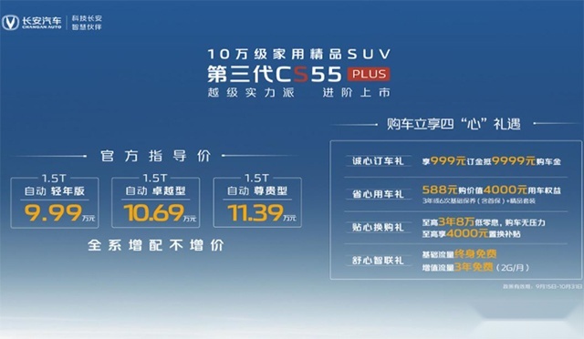 增配不增价！长安第三代CS55 PLUS正式上市