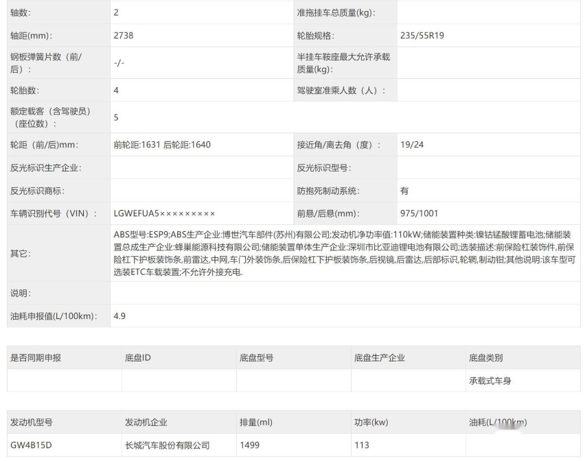 哈弗H6 HEV混动版本申报图，搭载1.5T混动系统